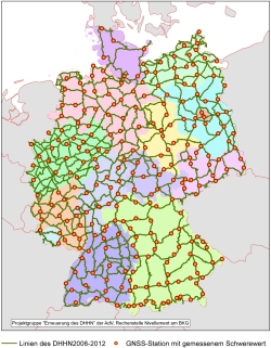 Bild zeigt eine Karte des deutschen Haupthöhennetzes mit GNSS- und Absolutschwerepunkten